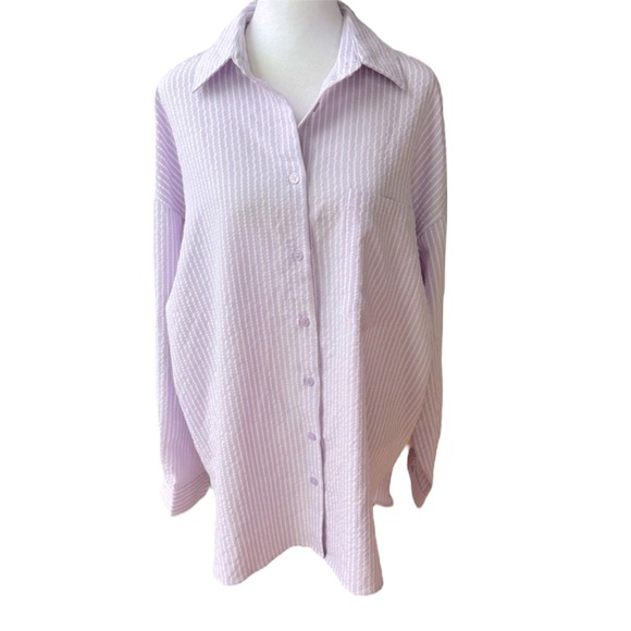 Better Be Purple and White Striped Oversized Button Down Shirt Size Small - Picture 1 of 11
